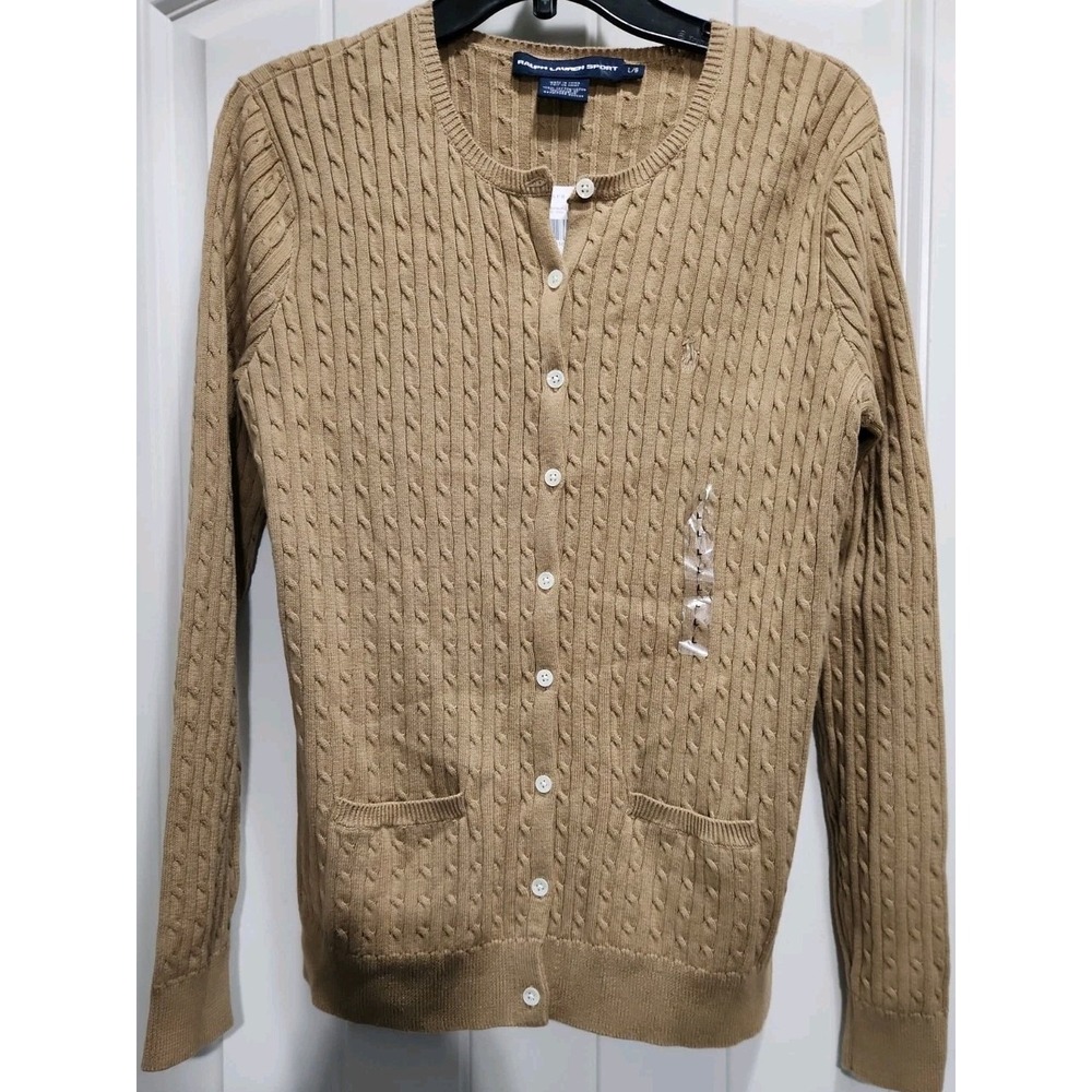 Ralph Lauren Sport Cable Knit Cardigan Sweater Boat Khaki Cotton NWT Large